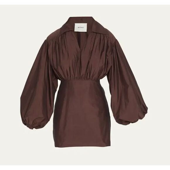 NWT Rohe Novi Pleated Chocolate Brown Balloon Sleeve Mini Dress Women’s 42 / 10 - Picture 3 of 16
